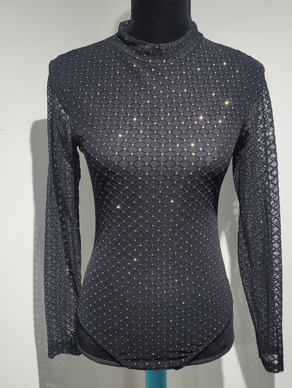 Charlotte Russe Women's Black Long-Sleeve Sheer Rhinestone Bodysuit Medium NEW